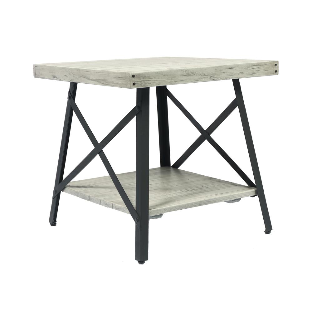 Gray 24" End Table with Solid Wood Top, Metal Base, And Open Storage Shelf. Picture 1