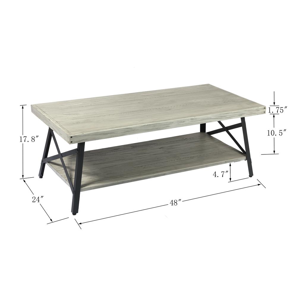 Gray 48" Coffee Table with Solid Wood Top, Metal Base, And Open Storage Shelf. Picture 2