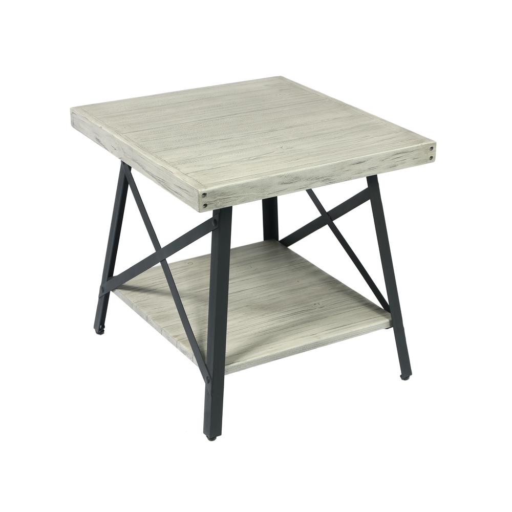 Gray 24" End Table with Solid Wood Top, Metal Base, And Open Storage Shelf. Picture 3