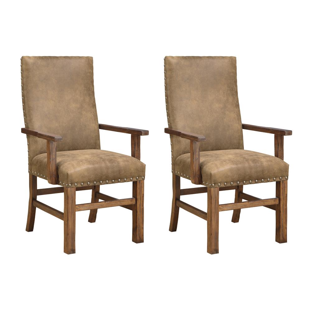 Almond Upholstered Dining Arm Chair with Arms And Nailhead Trim, Set of Two. Picture 1