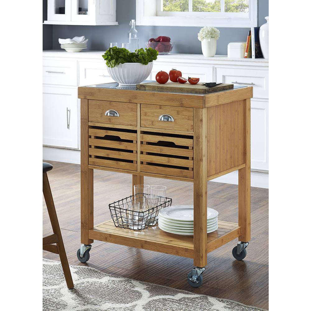 Kenta Bamboo Kitchen Cart, Stainless Steel Top.., Natural. Picture 2