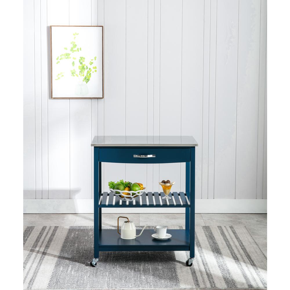 Holland Kitchen Cart With Stainless Steel Top, Navy Blue. Picture 5