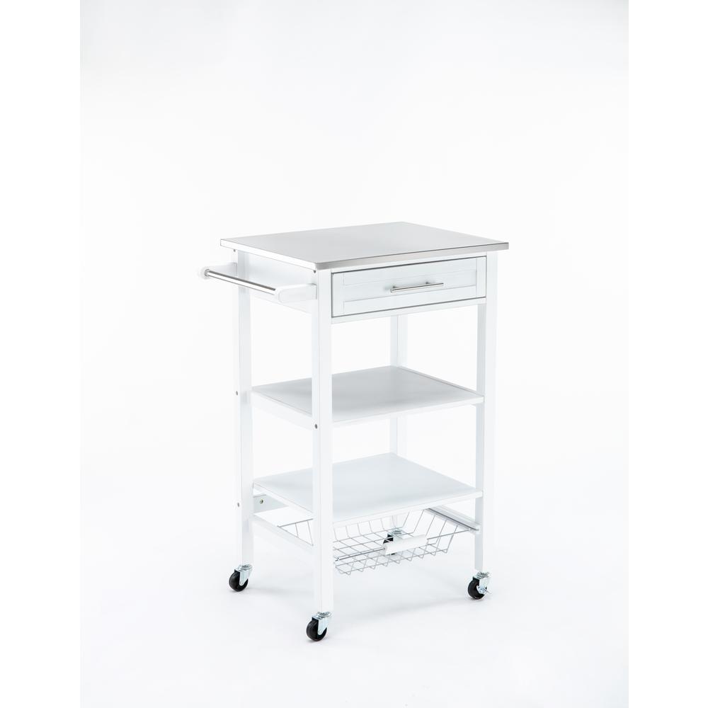 Hennington Kitchen Cart With Stainless Steel Top - White Wash. Picture 2