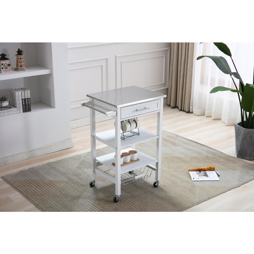 Hennington Kitchen Cart With Stainless Steel Top - White Wash. Picture 7
