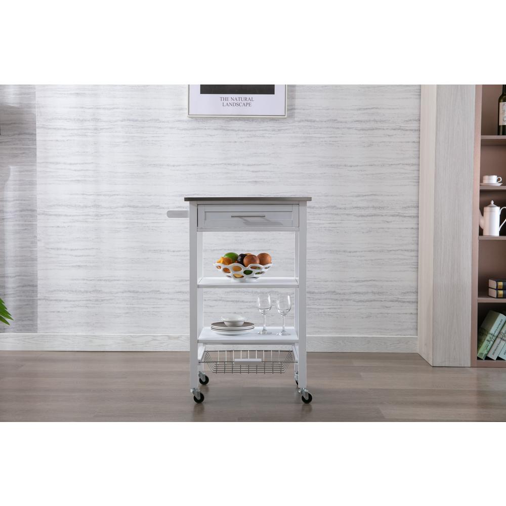Hennington Kitchen Cart With Stainless Steel Top, White Wash. Picture 6