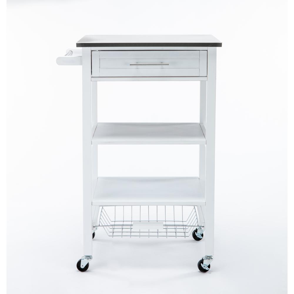 Hennington Kitchen Cart With Stainless Steel Top, White Wash. Picture 1