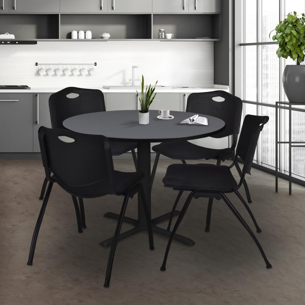 Cain 48" Round Breakroom Table- Grey & 4 'M' Stack Chairs- Black. Picture 2