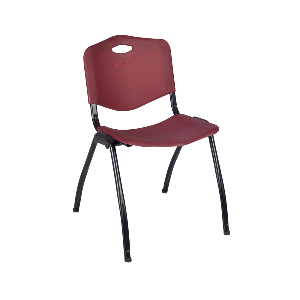 Kee 42" Round Breakroom Table- Cherry/ Black & 4 'M' Stack Chairs- Burgundy. Picture 2