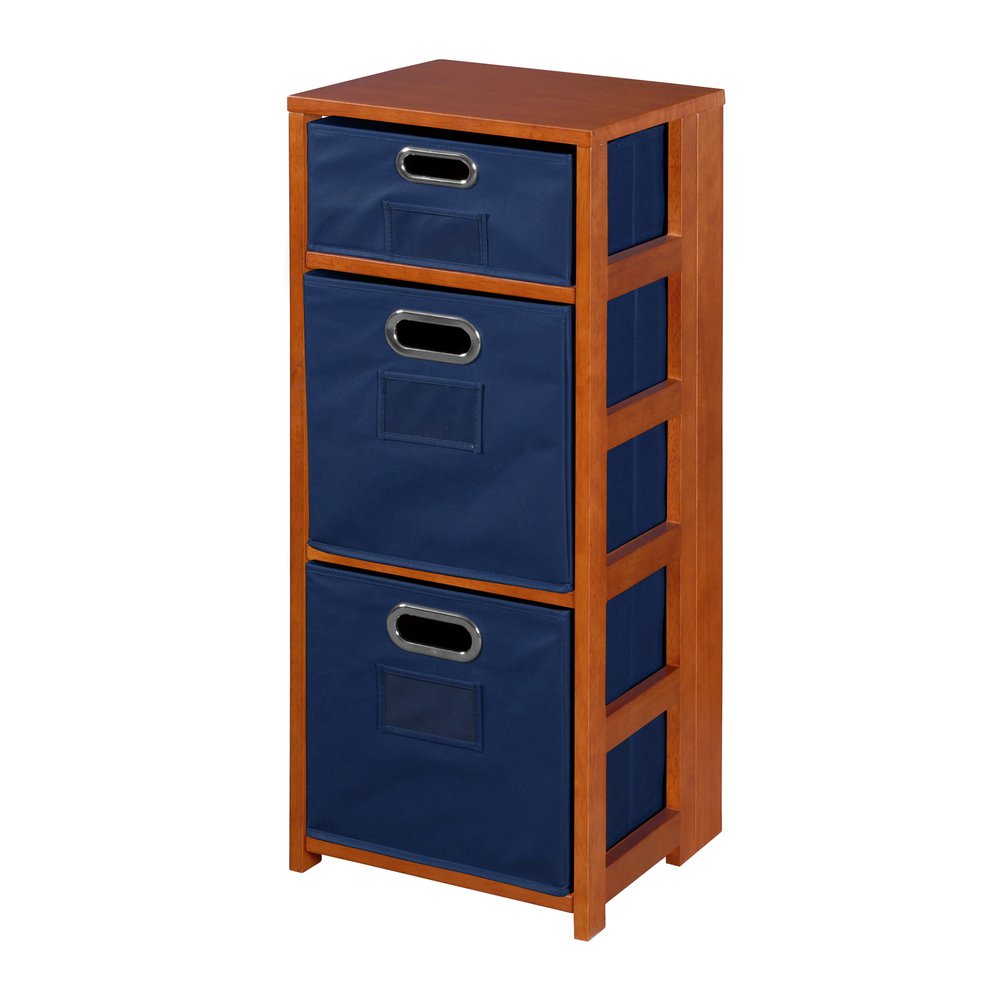 Flip Flop 34" Square Folding Bookcase with Folding Fabric Bins- Cherry/Blue. Picture 1