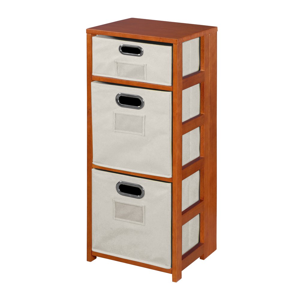 Flip Flop 34" Square Folding Bookcase with Folding Fabric Bins- Cherry/Natural. Picture 1