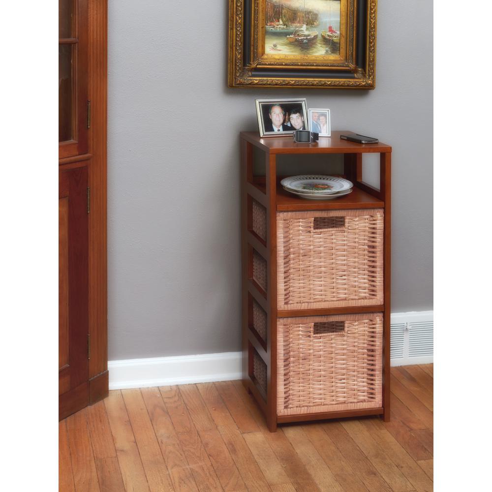 Flip Flop 34" Square Folding Bookcase with 2 Full Size Wicker Storage Baskets- Cherry/Natural. Picture 3