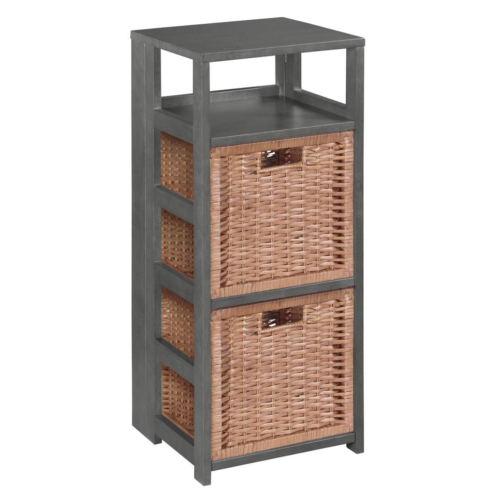 Regency Flip Flop 34 in. Square Folding Bookcase with 2 Full Size Wicker Storage Baskets- Grey/Natural. Picture 1