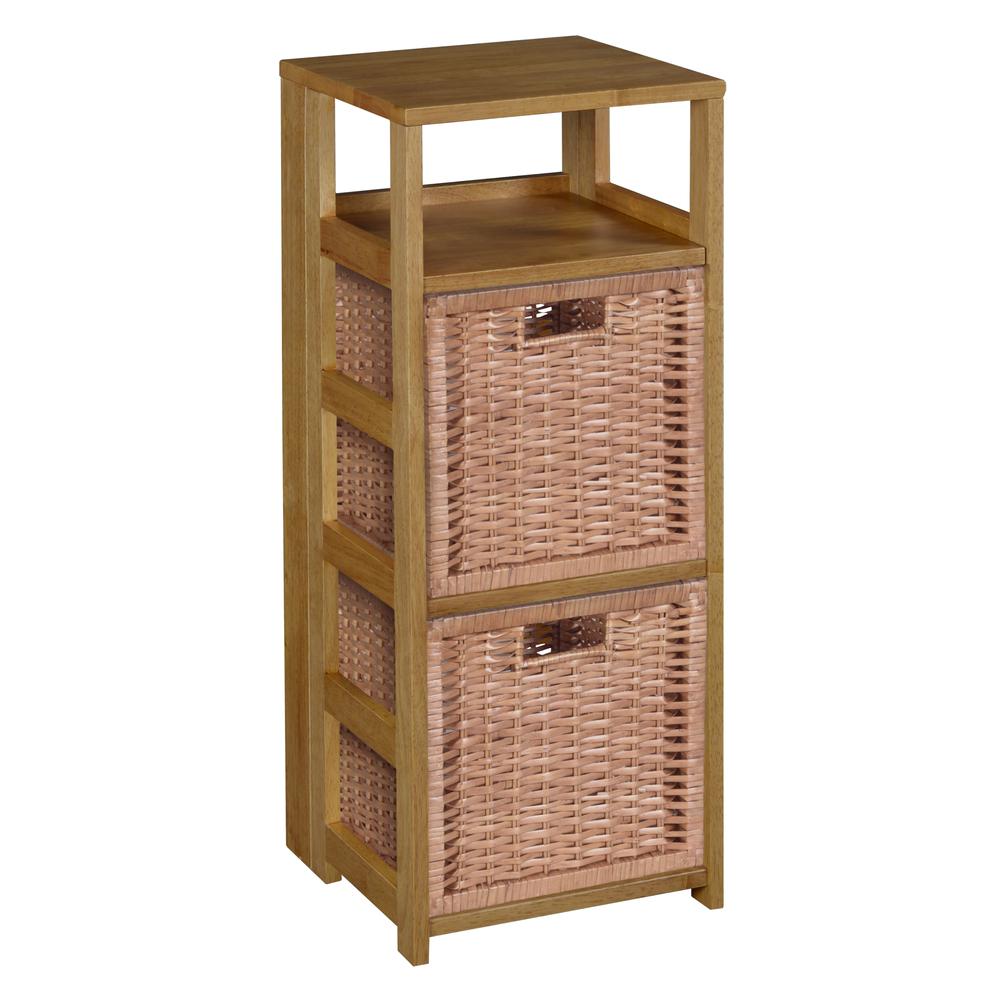 Flip Flop 34" Square Folding Bookcase with 2 Full Size Wicker Storage Baskets- Medium Oak/Natural. Picture 1