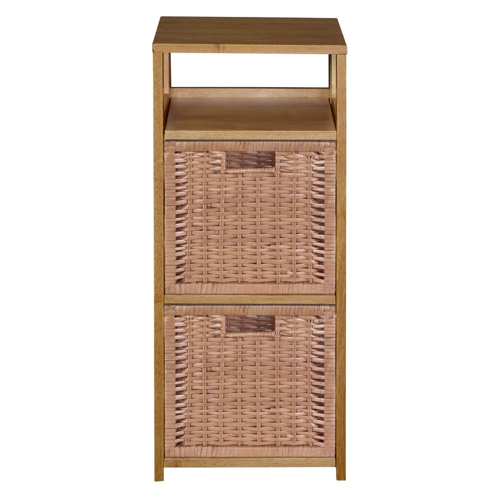 Flip Flop 34" Square Folding Bookcase with 2 Full Size Wicker Storage Baskets- Medium Oak/Natural. Picture 4