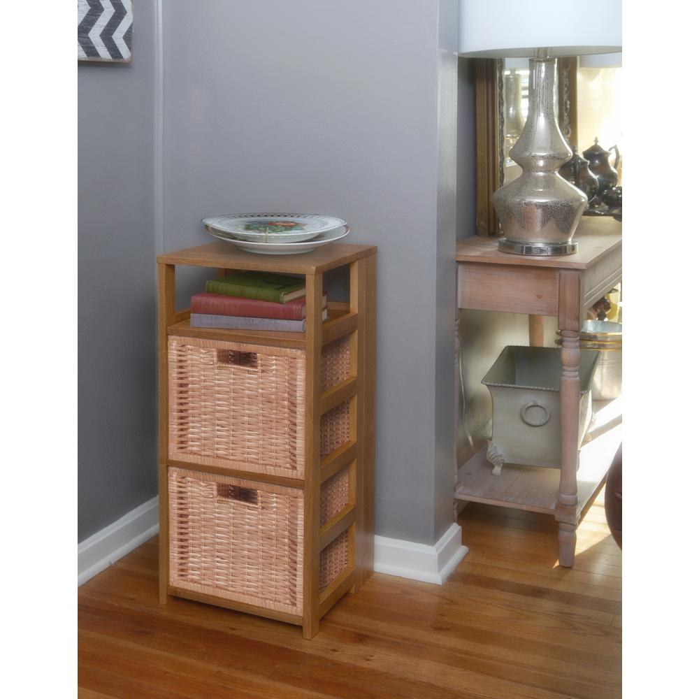 Flip Flop 34" Square Folding Bookcase with 2 Full Size Wicker Storage Baskets- Medium Oak/Natural. Picture 3