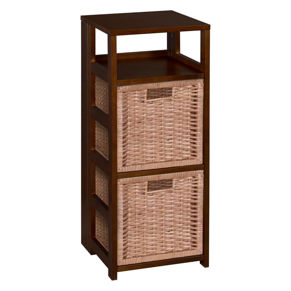 Flip Flop 34" Square Folding Bookcase with 2 Full Size Wicker Storage Baskets- Mocha Walnut/Natural. Picture 1