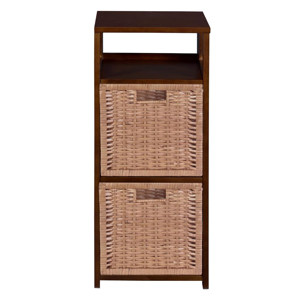 Flip Flop 34" Square Folding Bookcase with 2 Full Size Wicker Storage Baskets- Mocha Walnut/Natural. Picture 4