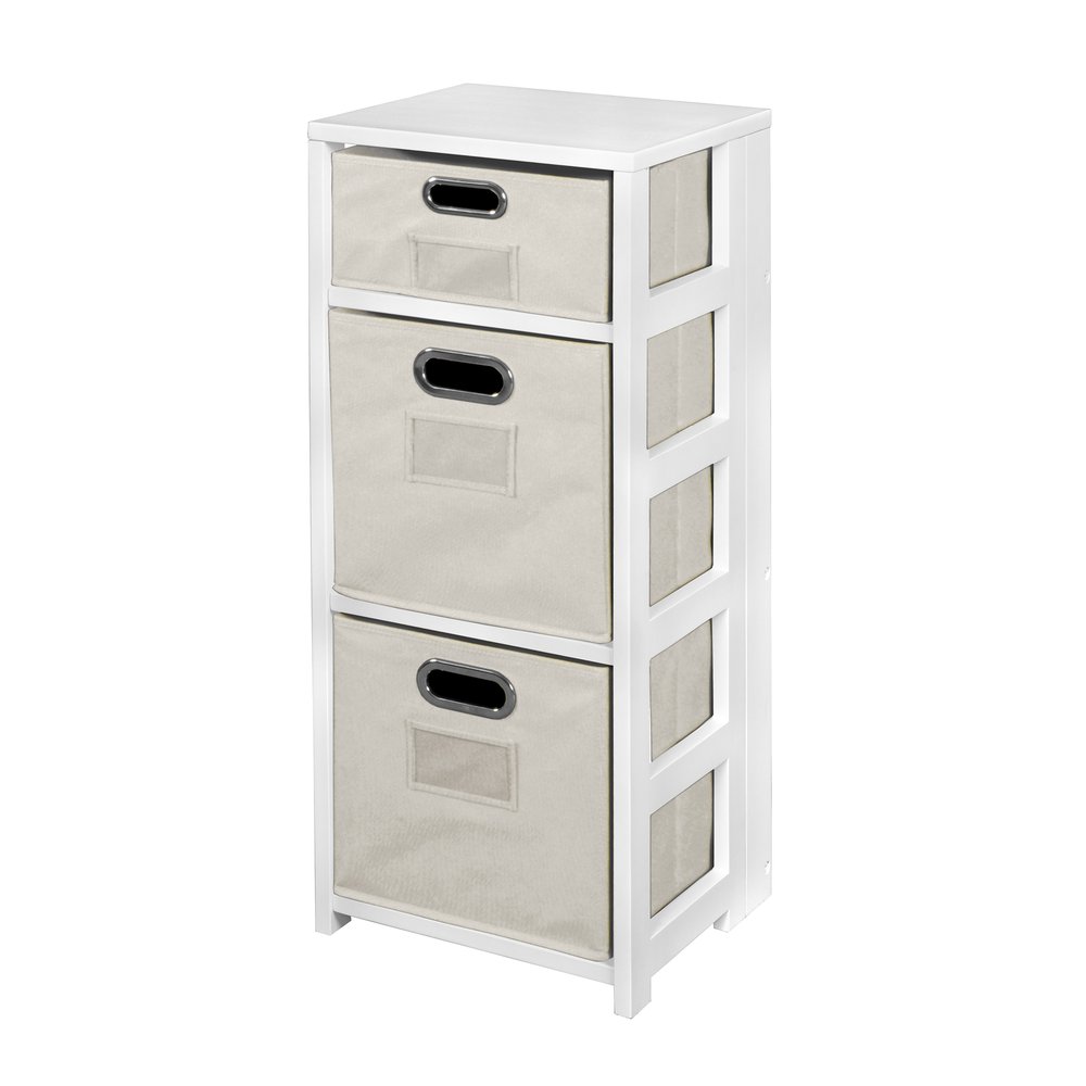 Flip Flop 34" Square Folding Bookcase with Folding Fabric Bins- White/Natural. Picture 1