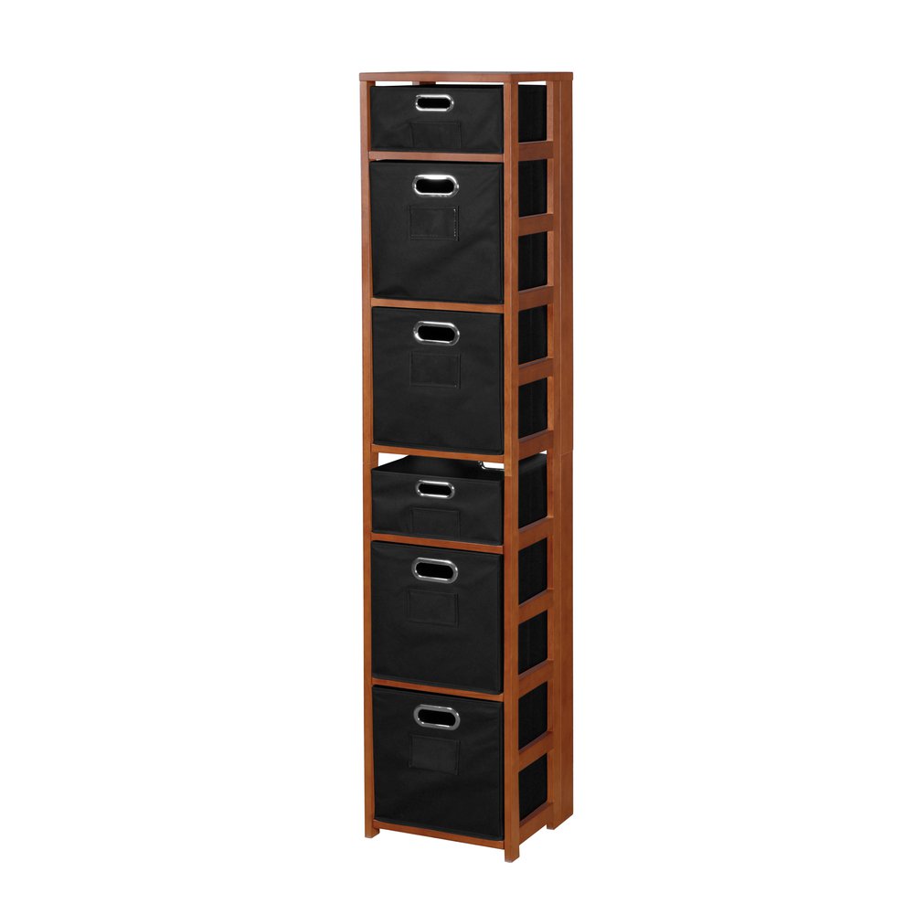 Flip Flop 67" Square Folding Bookcase with Folding Fabric Bins- Cherry/Black. Picture 1