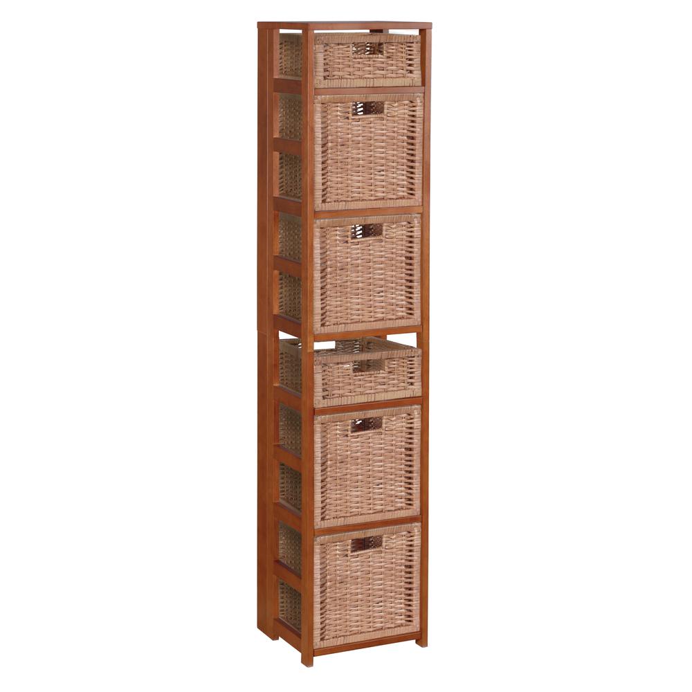 Flip Flop 67" Square Folding Bookcase with Wicker Storage Baskets- Cherry/Natural. Picture 1