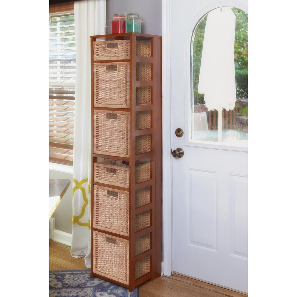 Flip Flop 67" Square Folding Bookcase with Wicker Storage Baskets- Cherry/Natural. Picture 3