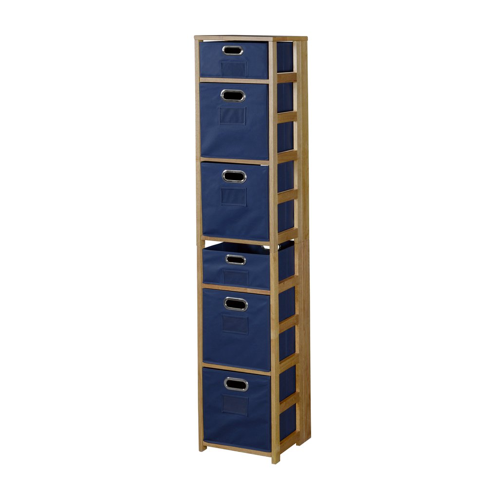 Flip Flop 67" Square Folding Bookcase with Folding Fabric Bins- Medium Oak/Blue. Picture 1
