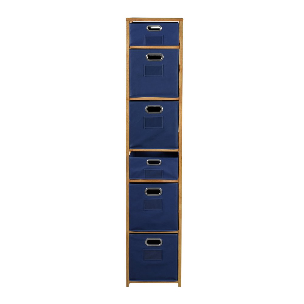 Flip Flop 67" Square Folding Bookcase with Folding Fabric Bins- Medium Oak/Blue. Picture 2