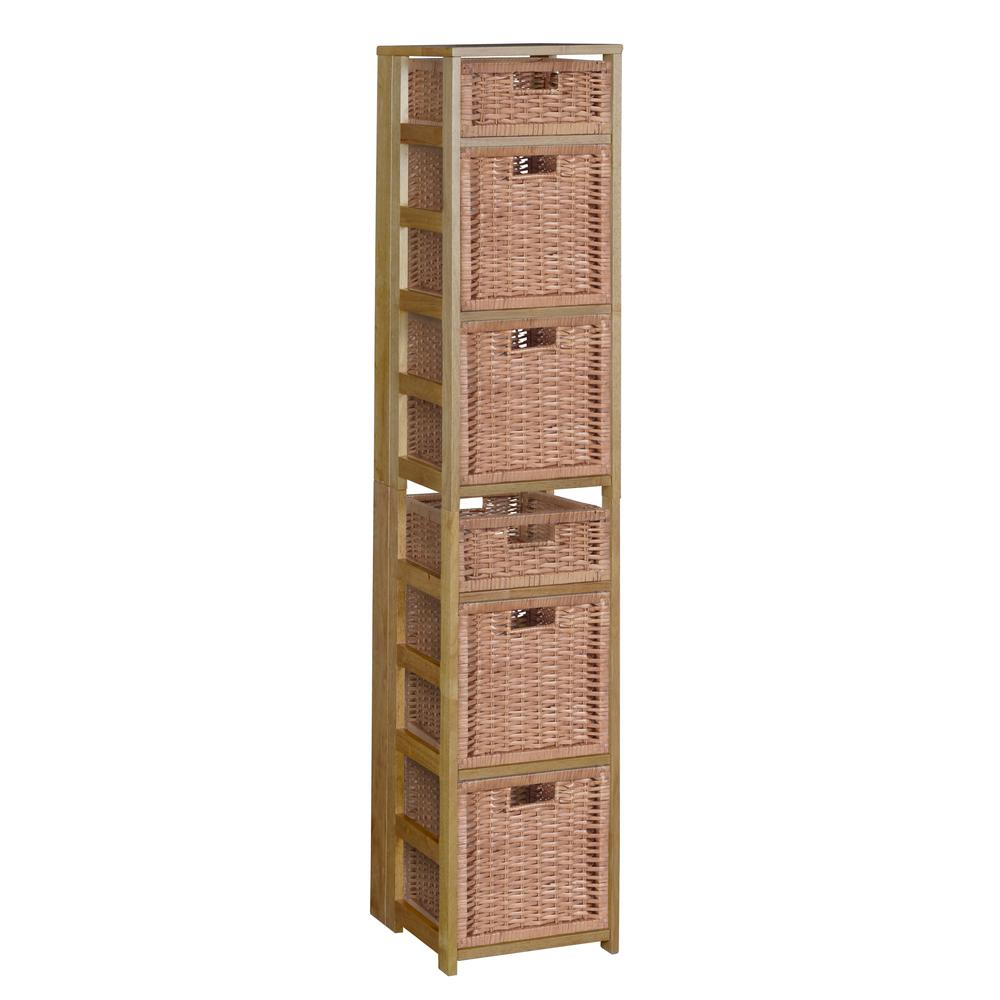 Flip Flop 67" Square Folding Bookcase with Wicker Storage Baskets- Medium Oak/Natural. Picture 1