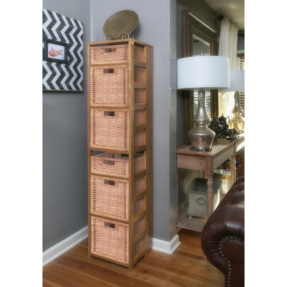 Flip Flop 67" Square Folding Bookcase with Wicker Storage Baskets- Medium Oak/Natural. Picture 3