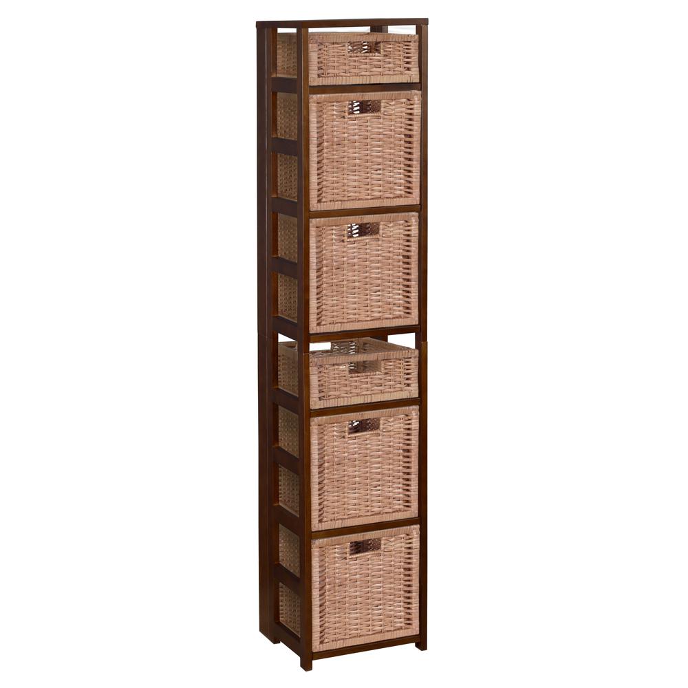 Flip Flop 67" Square Folding Bookcase with Wicker Storage Baskets- Mocha Walnut/Natural. Picture 1