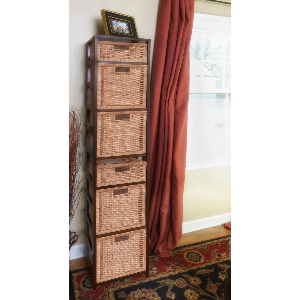 Flip Flop 67" Square Folding Bookcase with Wicker Storage Baskets- Mocha Walnut/Natural. Picture 3