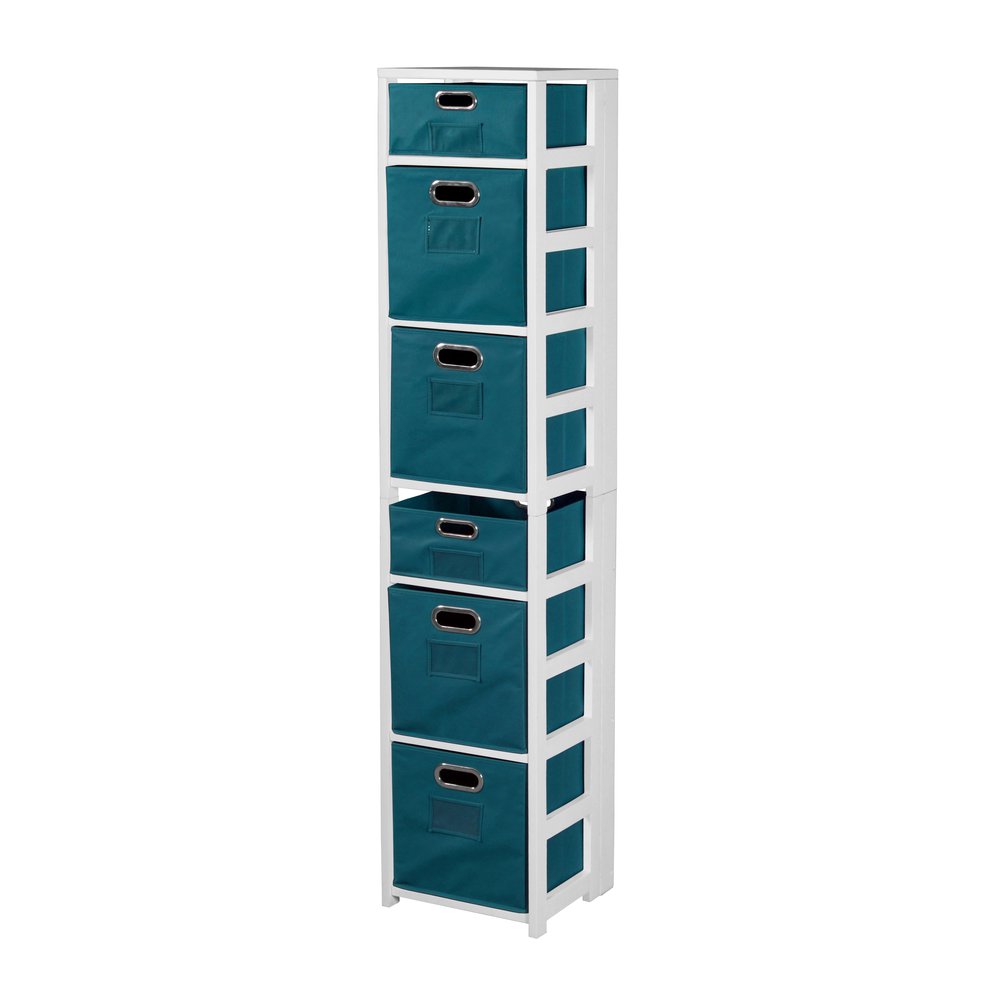 Flip Flop 67" Square Folding Bookcase with Folding Fabric Bins- White/Teal. Picture 1