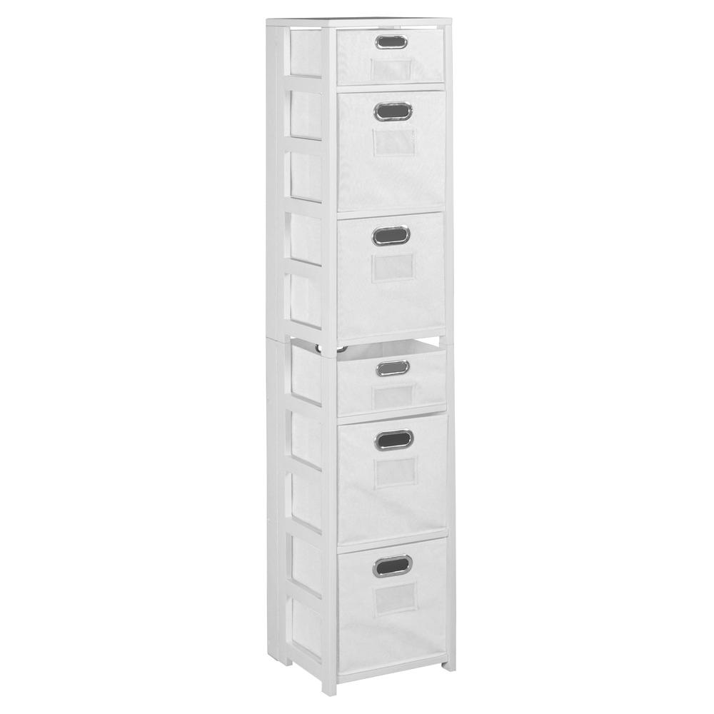 Flip Flop 67" Square Folding Bookcase with Folding Fabric Bins- White/White. Picture 1
