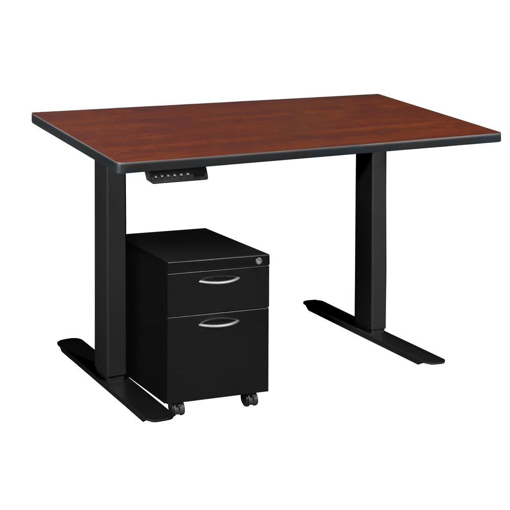 Esteem 42" Height Adjustable Power Desk with Single Black Mobile Pedestal- Cherry/Black. Picture 1