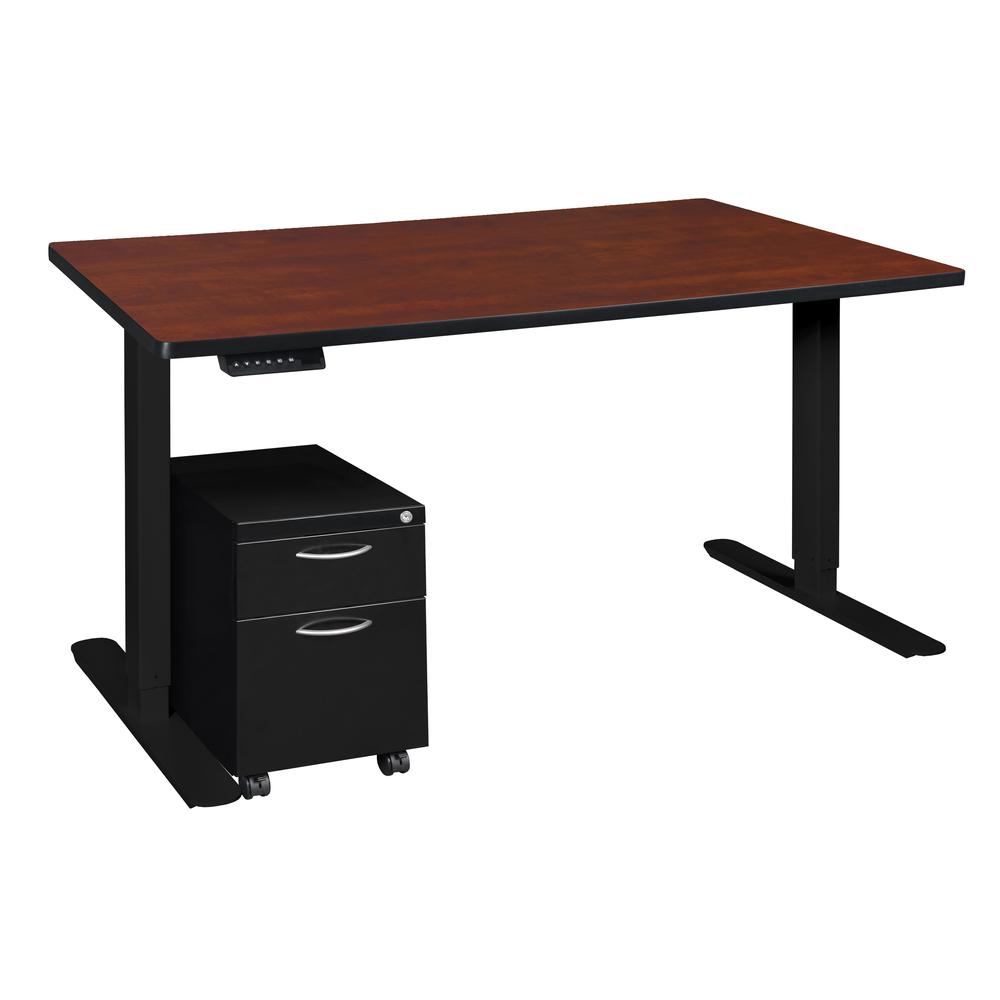 Esteem 60" Height Adjustable Power Desk with Single Black Mobile Pedestal- Cherry/Black. Picture 1