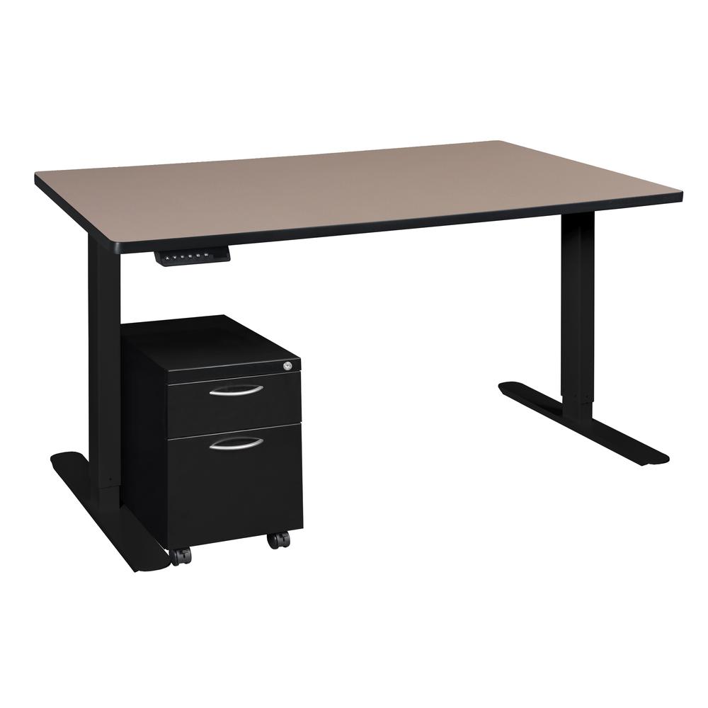 Esteem 66" Height Adjustable Power Desk with Single Black Mobile Pedestal- Beige/Black. Picture 1