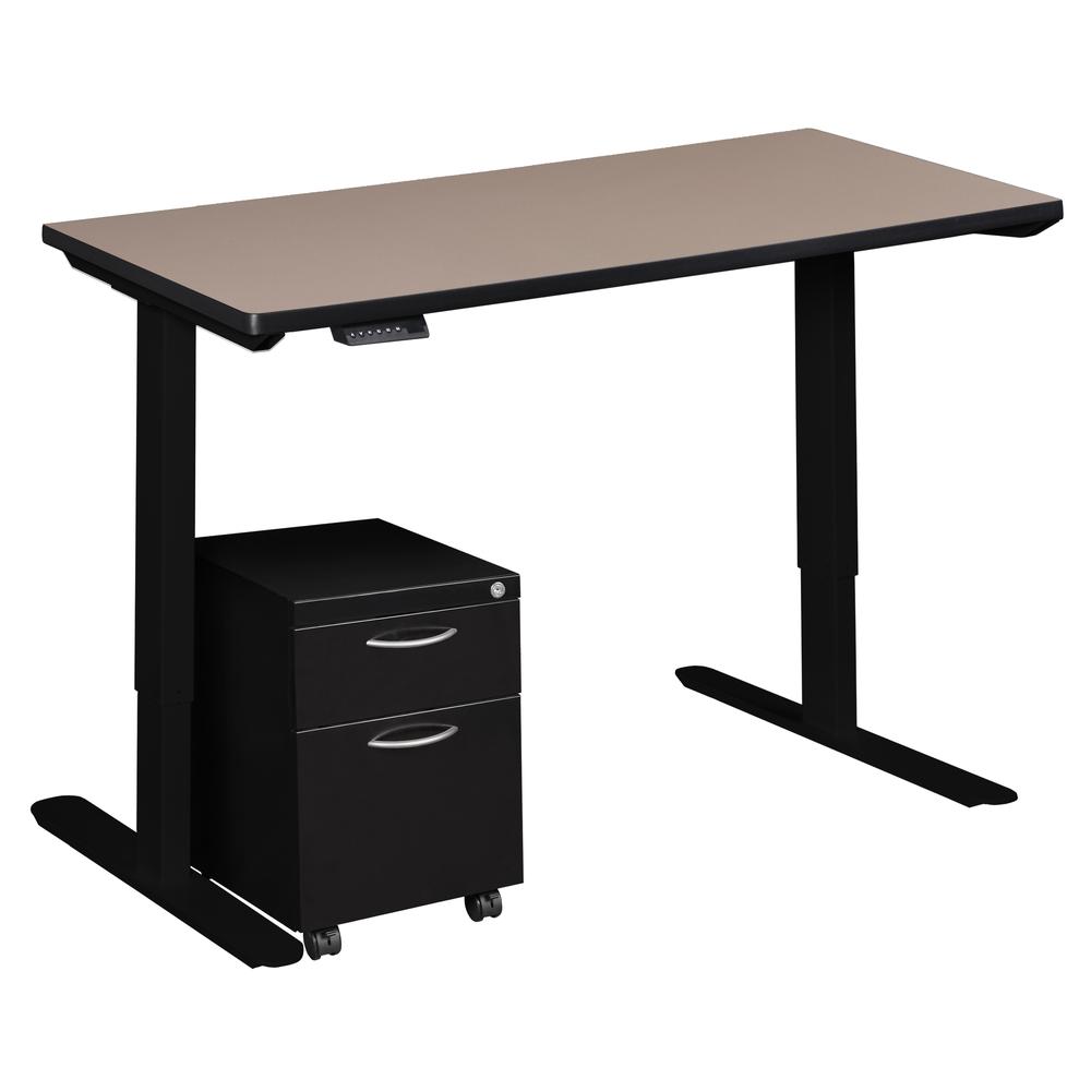 Esteem 66" Height Adjustable Power Desk with Single Black Mobile Pedestal- Beige/Black. Picture 3