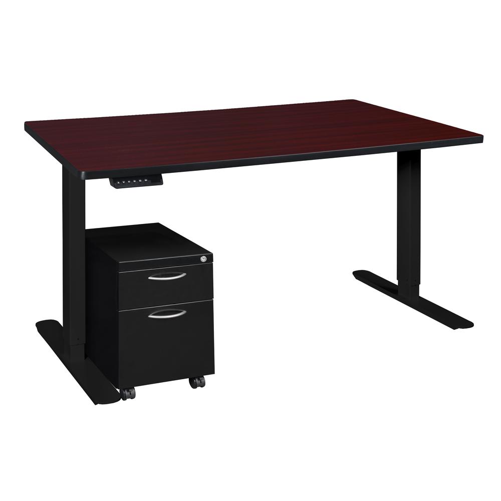 Esteem 66" Height Adjustable Power Desk with Single Black Mobile Pedestal- Mahogany/Black. Picture 1