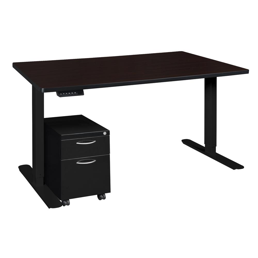 Esteem 66" Height Adjustable Power Desk with Single Black Mobile Pedestal- Mocha Walnut/Black. Picture 1