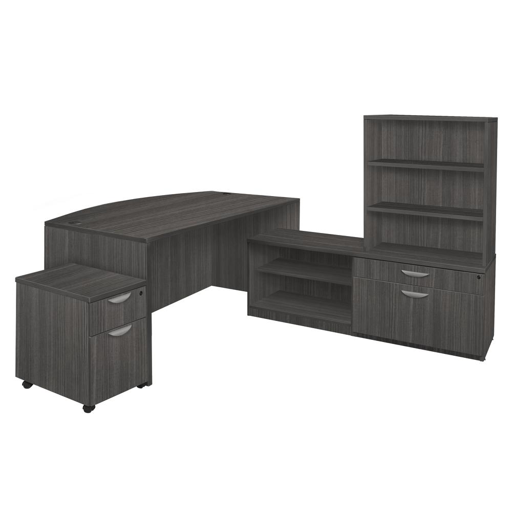 Legacy 71" Hi-Low Bow Front L-Desk with Open Hutch and Single Mobile Pedestal- Ash Grey. Picture 1