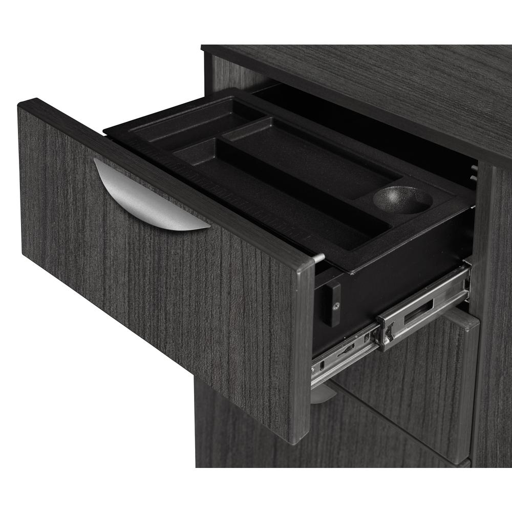 Legacy 71" Hi-Low Bow Front L-Desk with Open Hutch and Single Mobile Pedestal- Ash Grey. Picture 5