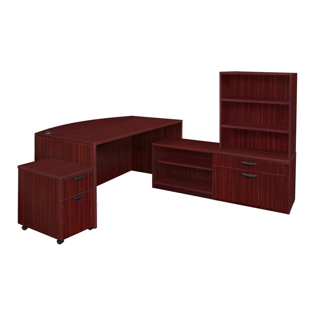 Legacy 71" Hi-Low Bow Front L-Desk with Open Hutch and Single Mobile Pedestal- Mahogany. Picture 1
