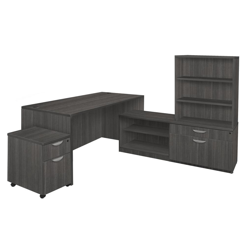 Legacy 66" Hi-Low L-Desk with Open Hutch and Single Mobile Pedestal- Ash Grey. Picture 1