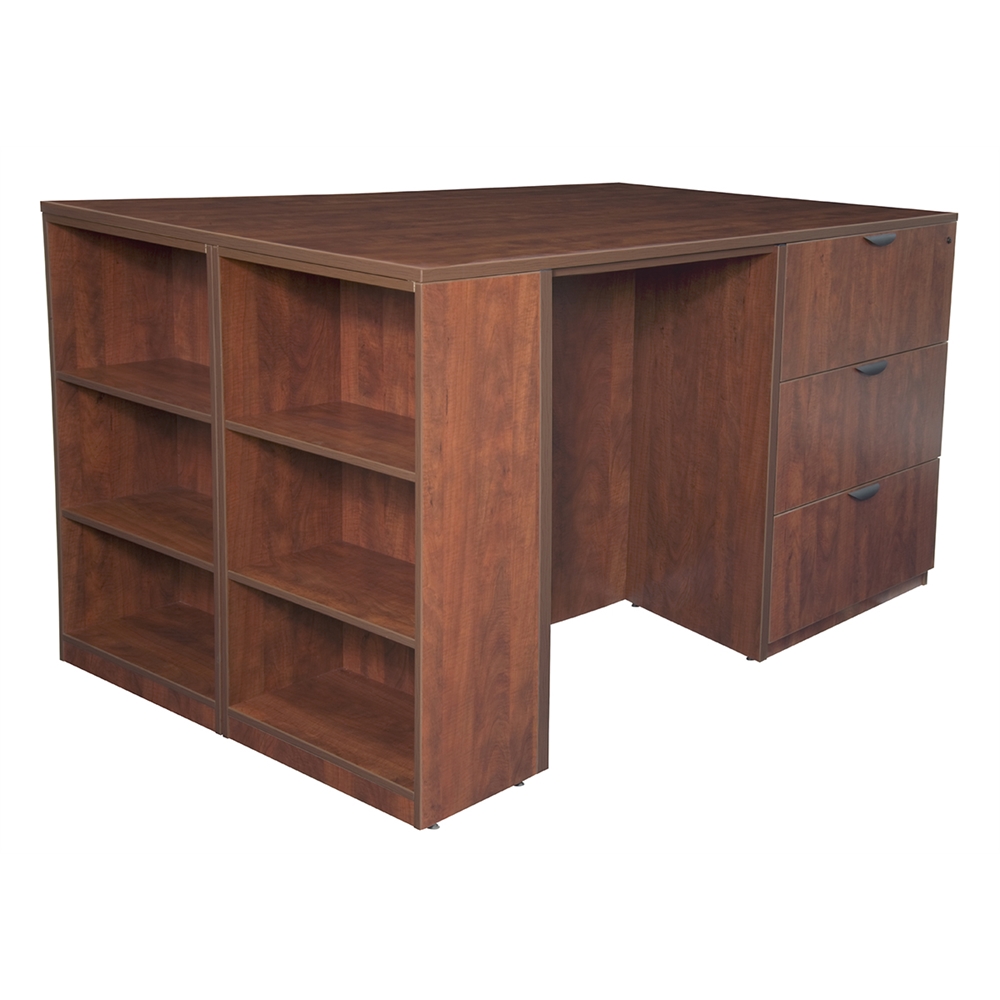 Legacy Stand Up Lateral File/ 3 Desk Quad with Bookcase End- Cherry. Picture 1