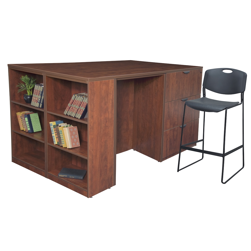 Legacy Stand Up Lateral File/ 3 Desk Quad with Bookcase End- Cherry. Picture 3