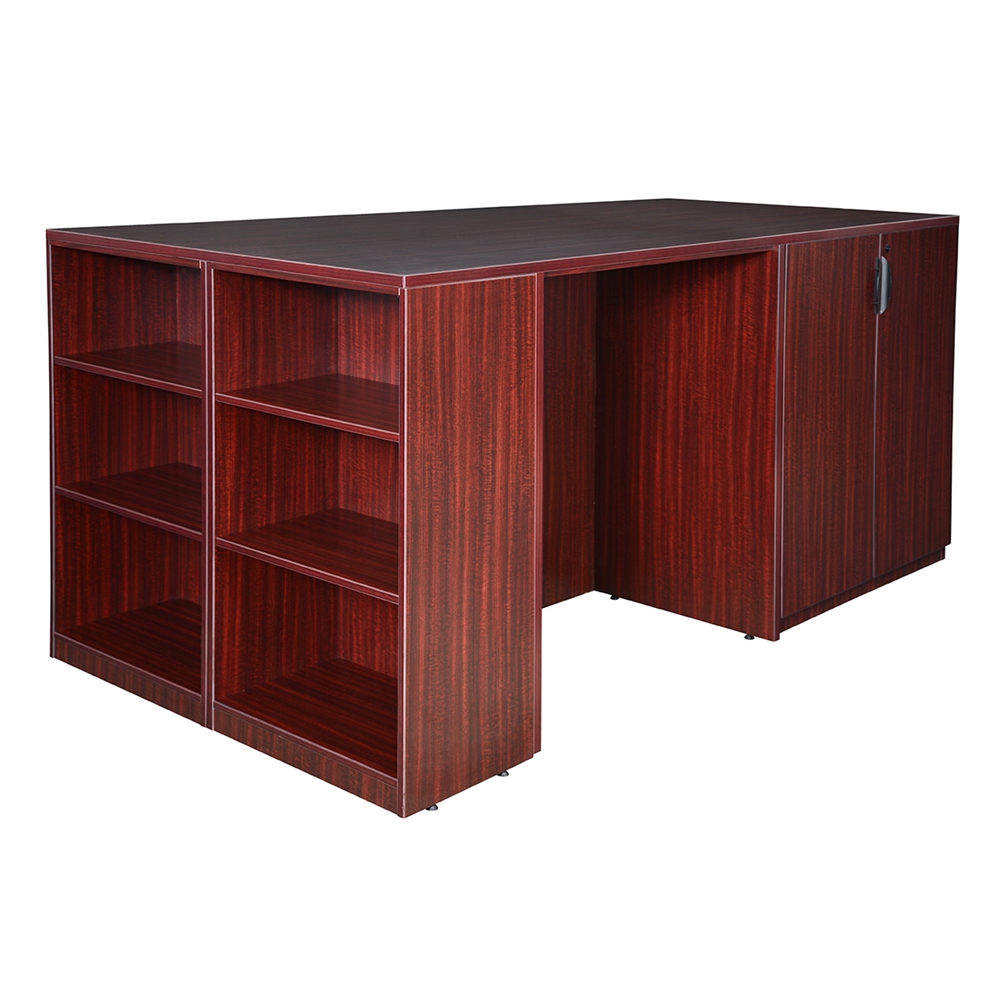 Legacy Stand Up 2 Storage Cabinet/ 2 Desk Quad with Bookcase End- Mahogany. Picture 1