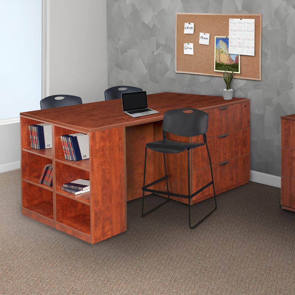 Legacy Stand Up Lateral File/ 3 Desk Quad with Bookcase End- Cherry. Picture 2