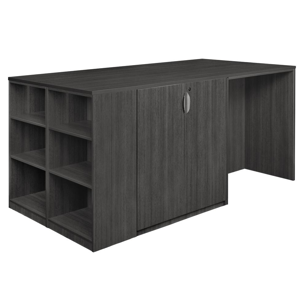 Legacy Stand Up Desk/ 3 Storage Cabinet Quad with Bookcase End- Ash Grey. Picture 1