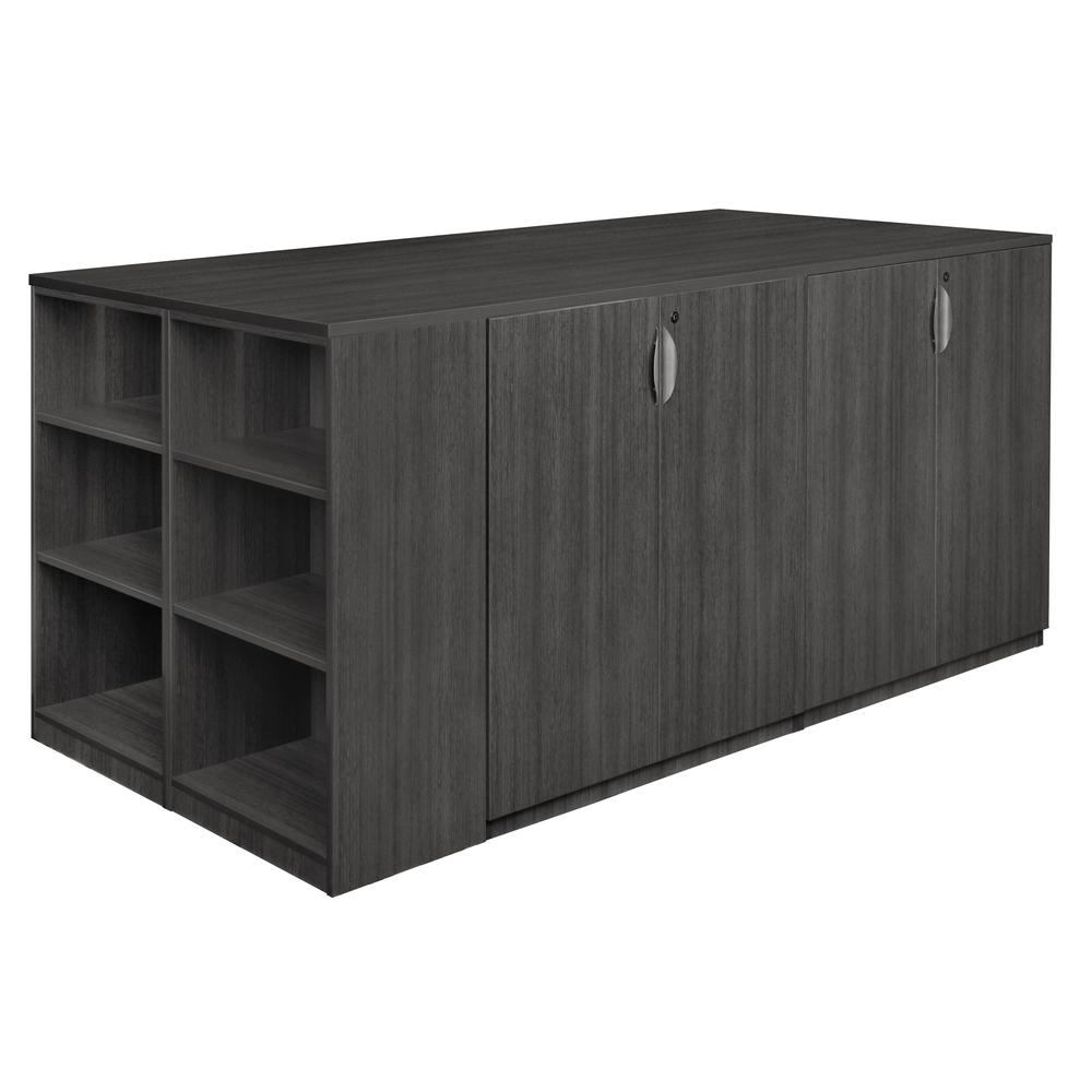 Legacy Stand Up Desk/ 3 Storage Cabinet Quad with Bookcase End- Ash Grey. Picture 2