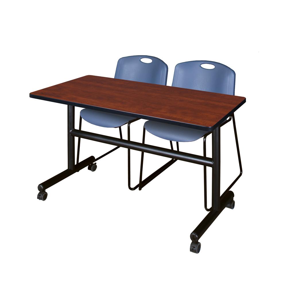 48" x 30" Flip Top Mobile Training Table- Cherry and 2 Zeng Stack Chairs- Blue. Picture 1